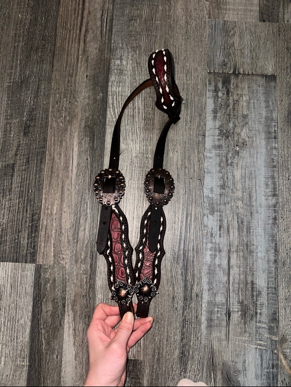 Custom Western Leather Headstall in Brown and Burgundy gator